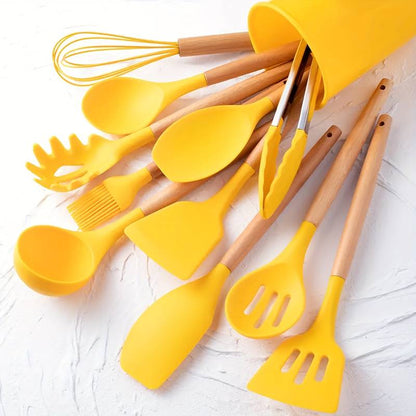12-Piece Silicone Cooking Utensil Set with Wood Handles Heat Resistant Kitchen Tools for Nonstick Cookware Home Chef Spatula Spoon Whisk