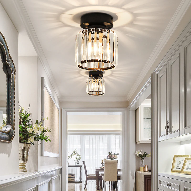 Flush Mount Crystal Light Fixture E27 Socket Black Gold for Bedroom Living Room Hallway Indoor Home Décor Compact Reflective Shade Elegant A