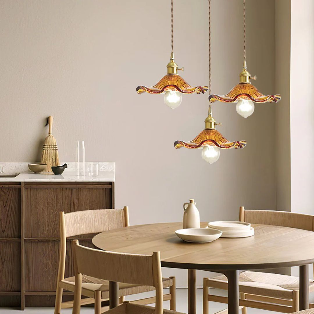 Glass Ceiling Light with Sculptural Ripple Edge – 9 in Hanging Fixture with Metal Hardware for Kitchen, Dining Area, or Bedroom – Adjustable