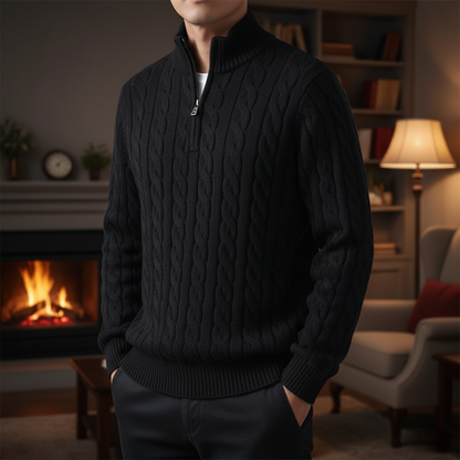 Cable-Knit Quarter-Zip Sweater for Men – 100% Cotton Stand-Collar Pullover for Fall & Winter