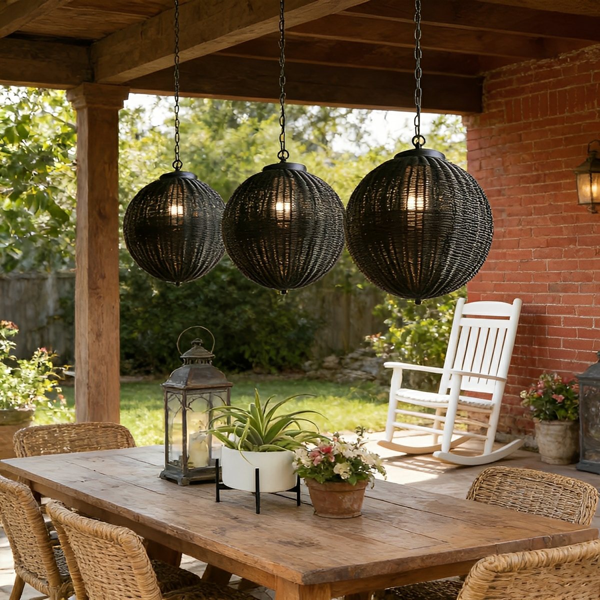 Woven Rattan Outdoor Hanging Lantern 16 in Black Waterproof Porch Light for Pergola Garden Patio Adjustable Cord E27 Socket