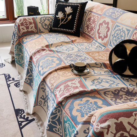 Vivid Mosaic Sofa Cover - Premium Chenille, Mediterranean Tile Throw