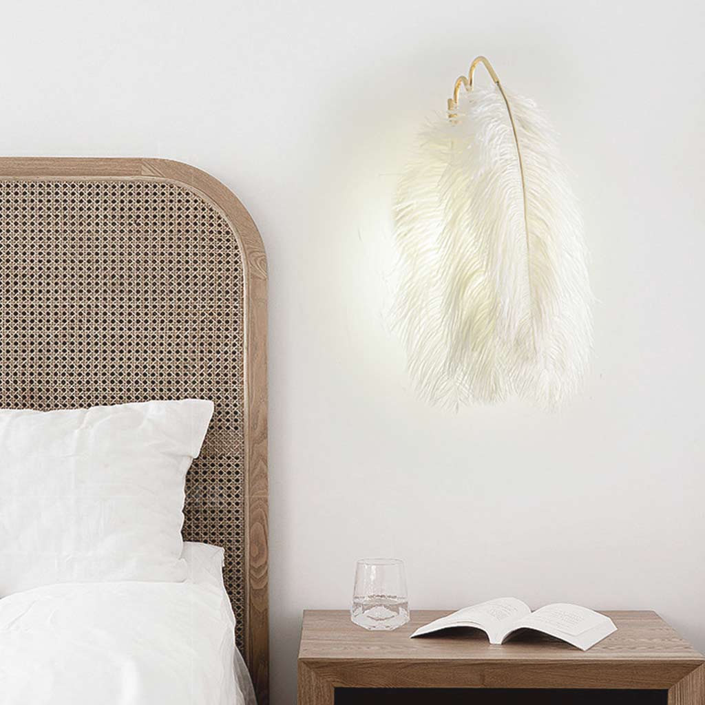 Feathered Sconce with Plume Shade for Bedroom Reading Nook Hallway Ambient Glow 9-Inch Iron Arm E26 Socket Adjustable Tone Options White Tex