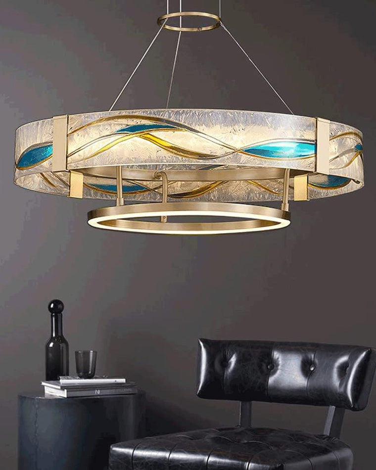 Brass Glass Pendant Fixture Dimmable LED Adjustable Height Round Ceiling Light for Dining Room Kitchen Island Living Room Modern Art Deco Li