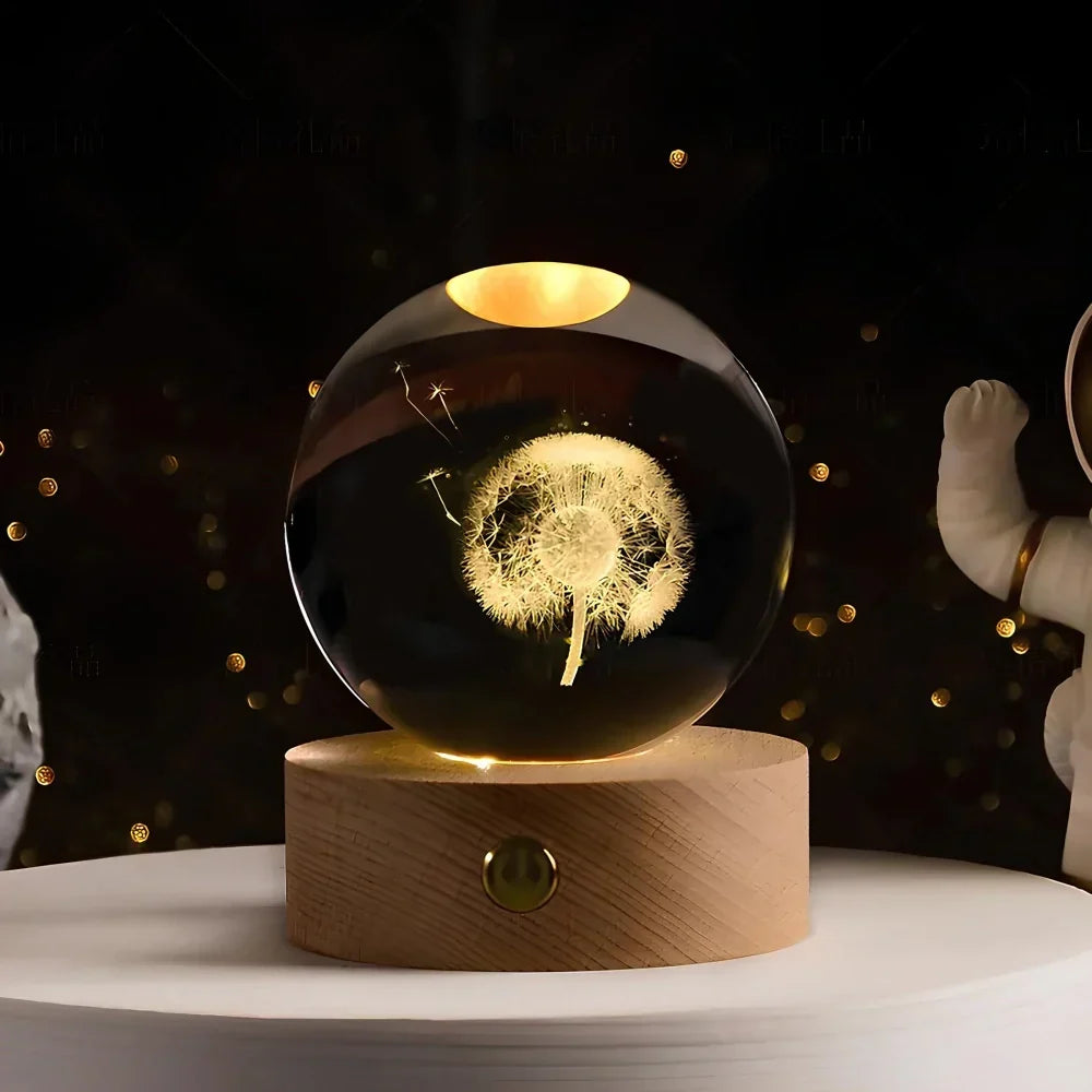 3D Engraved Crystal Planet Sphere Night Light on Wood Base USB Powered Desk Lamp Warm White LED Glow for Bedroom Living Room Nursery Space