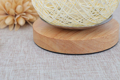 Woven Rattan Table Lamp with Wood Base & Metal Frame – Plug-In LED Desk Light for Bedroom, Living Room & Office