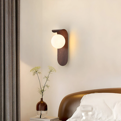 LED Wood Wall Sconce with Frosted Globe Shade for Bedroom & Hallway | Scandinavian Design Bedside Reading Light | 10 in Vertical Compact Fix