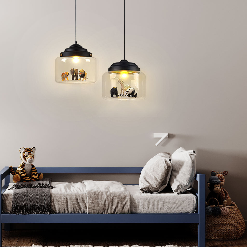 Kids Room Glass Hanging Lamp 8.7 Inches Round Ceiling Light with Fun Animal Characters Nursery Fixture Bedroom Decor for Children Playroom L