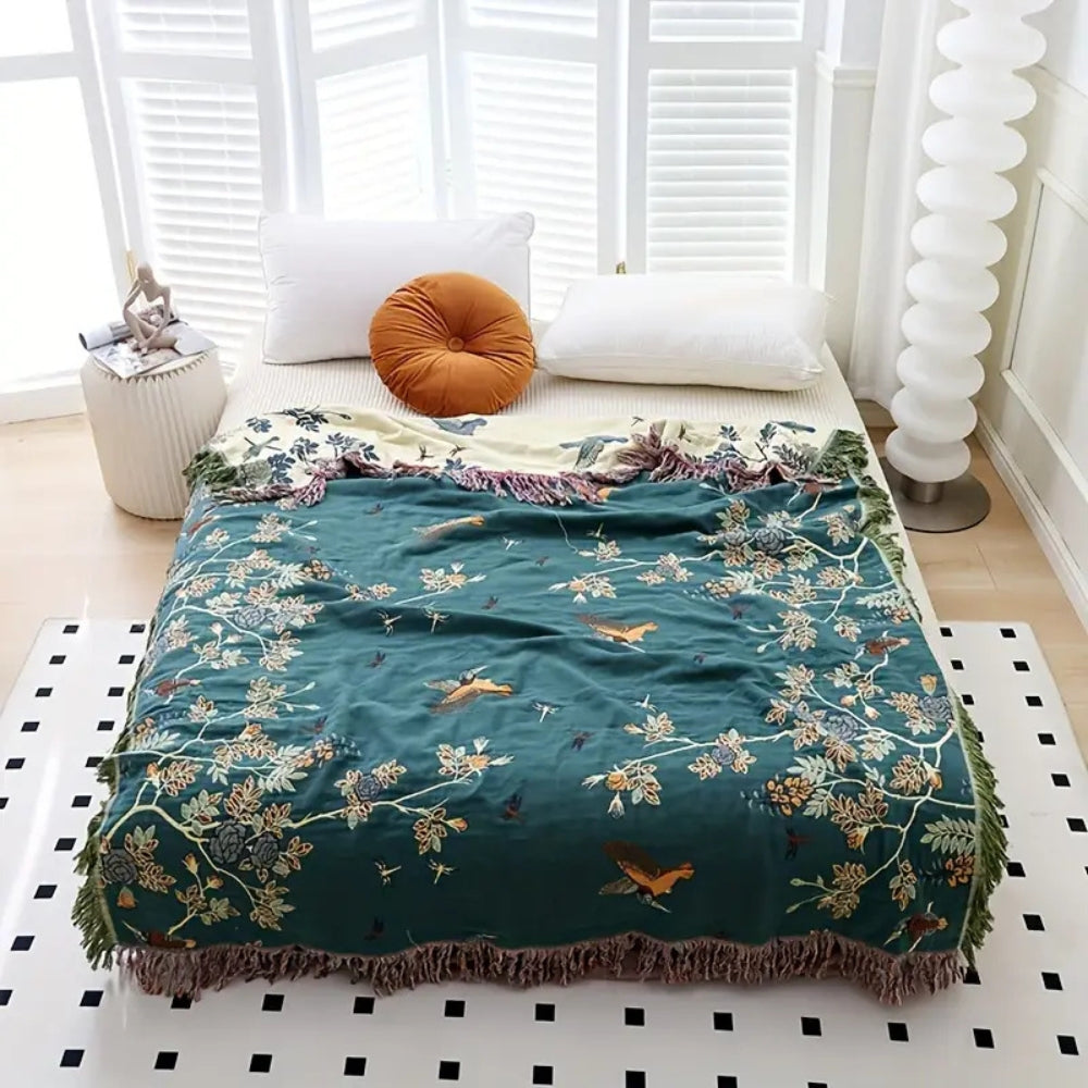 Layered Cotton Gauze Throw Blanket with Tassels – Jacquard Textured Woven Coverlet for Bed Couch Sofa Living Room Bedroom Decor