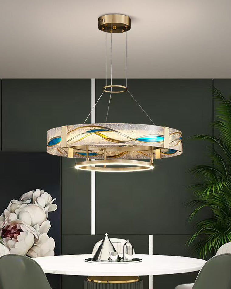 Brass Glass Pendant Fixture Dimmable LED Adjustable Height Round Ceiling Light for Dining Room Kitchen Island Living Room Modern Art Deco Li