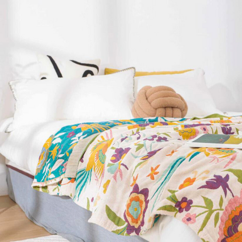 Couvre-lit Serene Soft Blossom – 100 % gaze de coton, motif floral réversible
