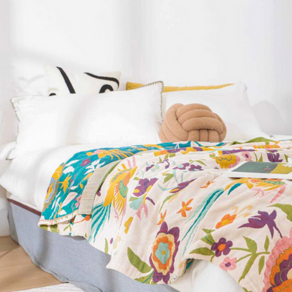 Couvre-lit Serene Soft Blossom – 100 % gaze de coton, motif floral réversible