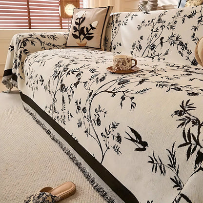 Plaid de canapé en chenille texturée à pompons – Housse de canapé en jacquard floral pour salon, résistante aux animaux et antidérapante