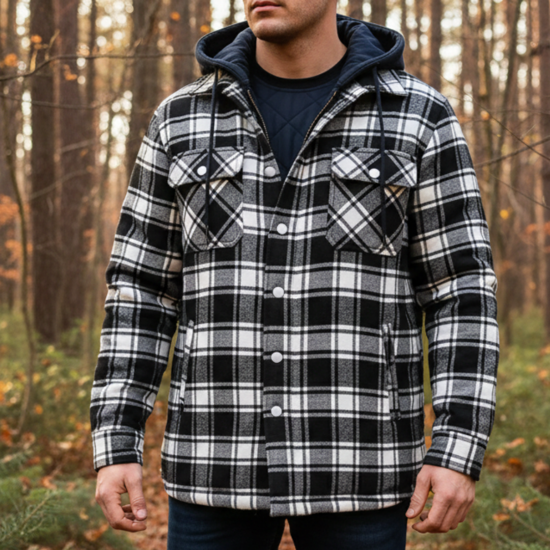 Quilted Plaid Flannel Shirt Jacket with Removable Hood for Men – Warm Cotton Blend Overshirt for Fall Winter