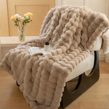 Plush Synthetic Fur Throw Blanket in Neutral Tones for Sofa, Bed, Living Room, and Bedroom