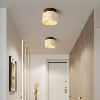 Plafonnier encastré en pierre naturelle et bois, 12 cm, lumière chaude pour petites pièces, entrée, luminaire compact, style japonais minimaliste