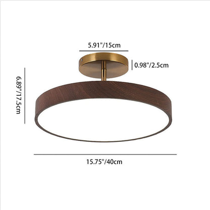 Round Iron Ceiling Light with Wood Grain Finish - Integrated LED Semi-Flush for Bedroom, Living Room & Hallway