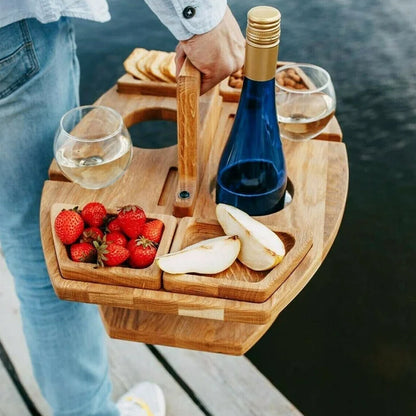 Portable Wooden Wine Table for Picnics – Holds Bottle, Glasses & Snacks for Outdoor Dining, Beach Trips, Garden Parties