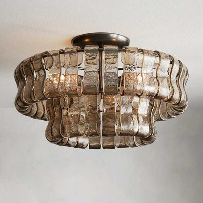 Textured Glass Flush Mount Ceiling Light 18-Inch Brass Finish 3-Light Modern Fixture for Living Room Bedroom Dining Room Entryway