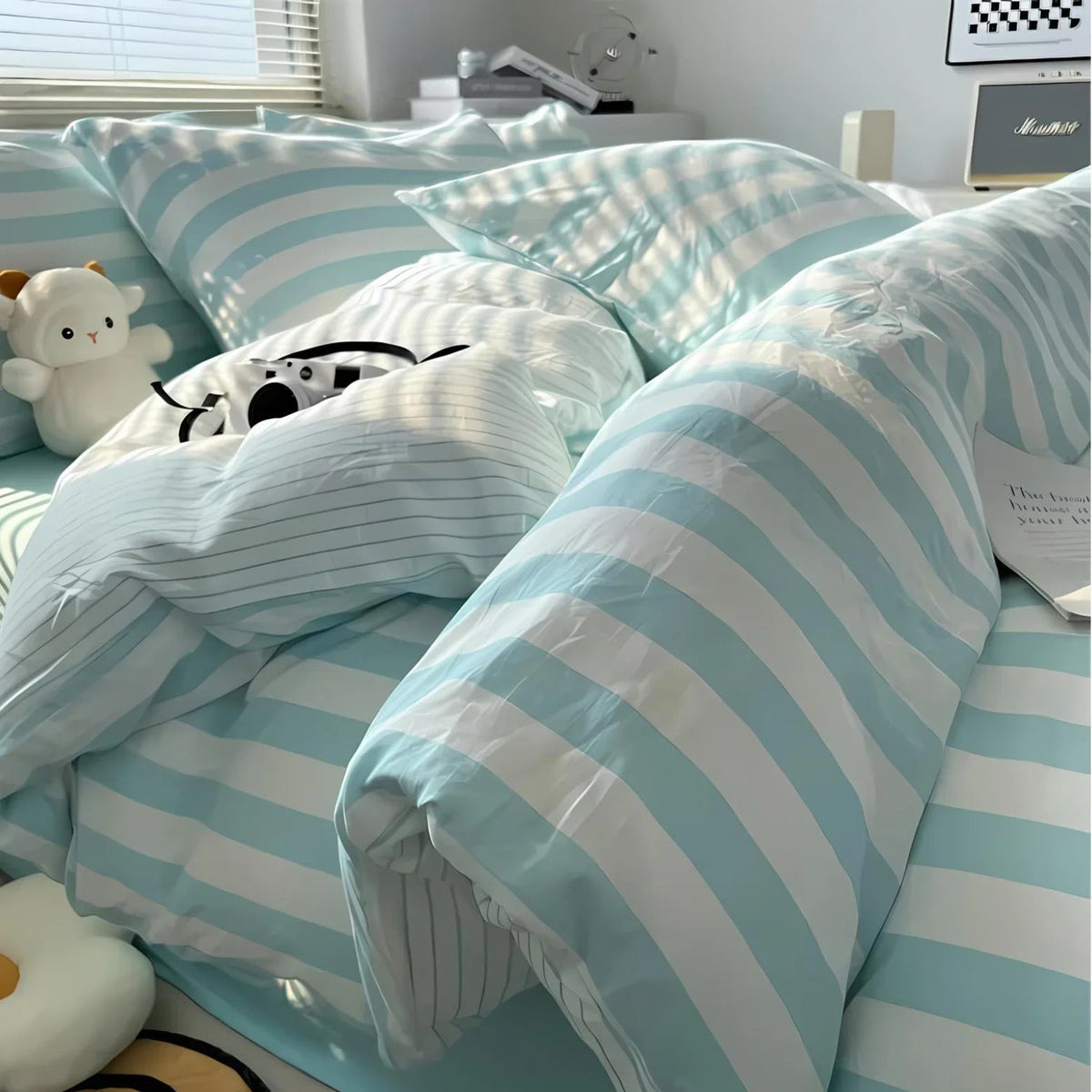 Striped Linen Bed Set King Queen Double Twin Hotel Quality Comforter Cover Fitted Sheet Pillowcases Neutral Bedroom Essentials for Modern &