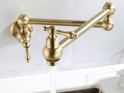Wall-Mount Dual-Handle Kitchen Faucet for Pots – Brass Construction with Hot & Cold Lines – Chrome, Brushed Nickel, Black & Antique Brass Fi