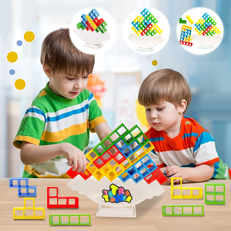 Wooden Stacking Tower Game for Kids - Tumbling Block Balance Challenge with Colorful Tetris Shapes for Toddlers & Children Ages 3+