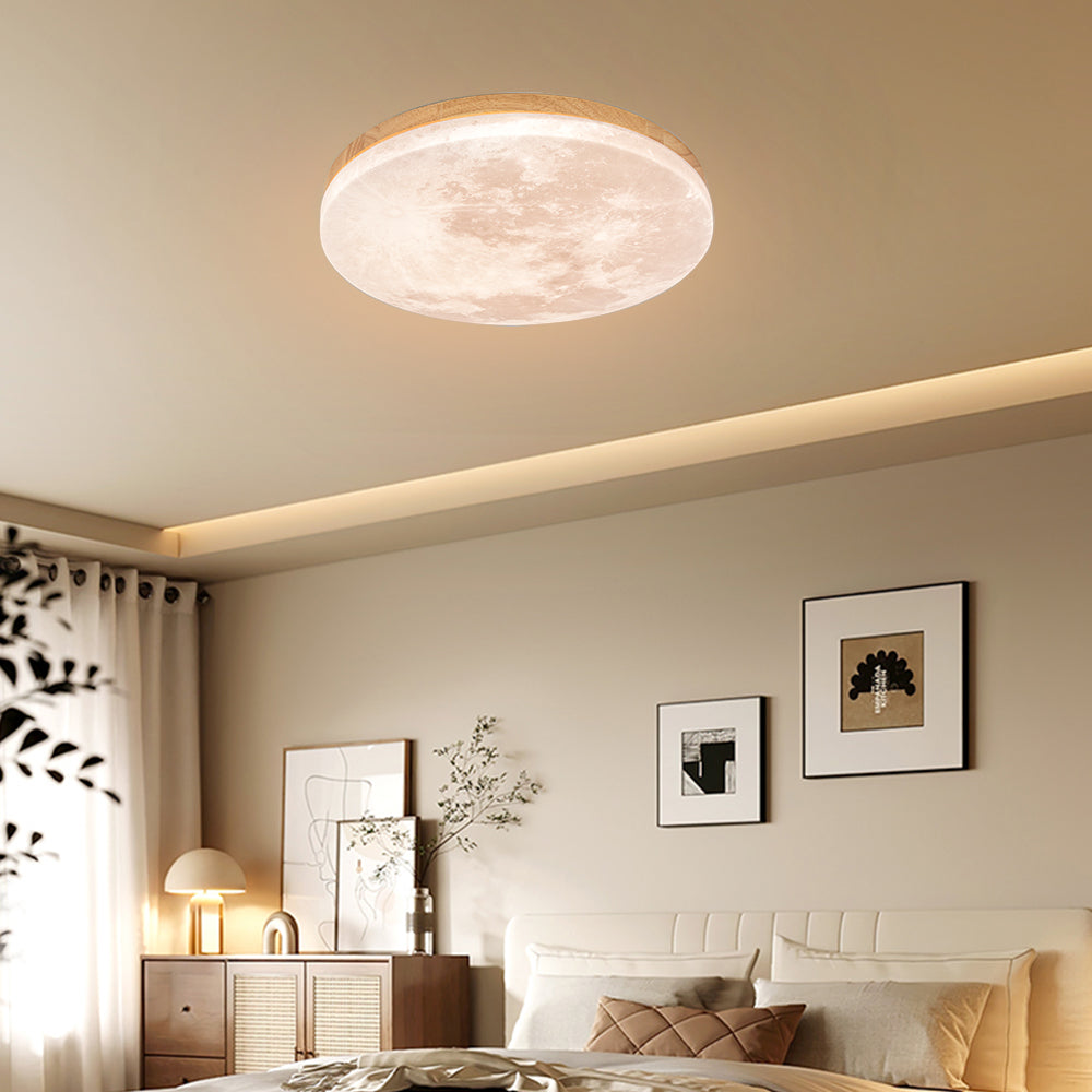 Round Flush Mount LED Ceiling Light with Lunar Surface Design Wood & Acrylic 19 in Diameter for Bedrooms Living Rooms Hallways Modern Ambien