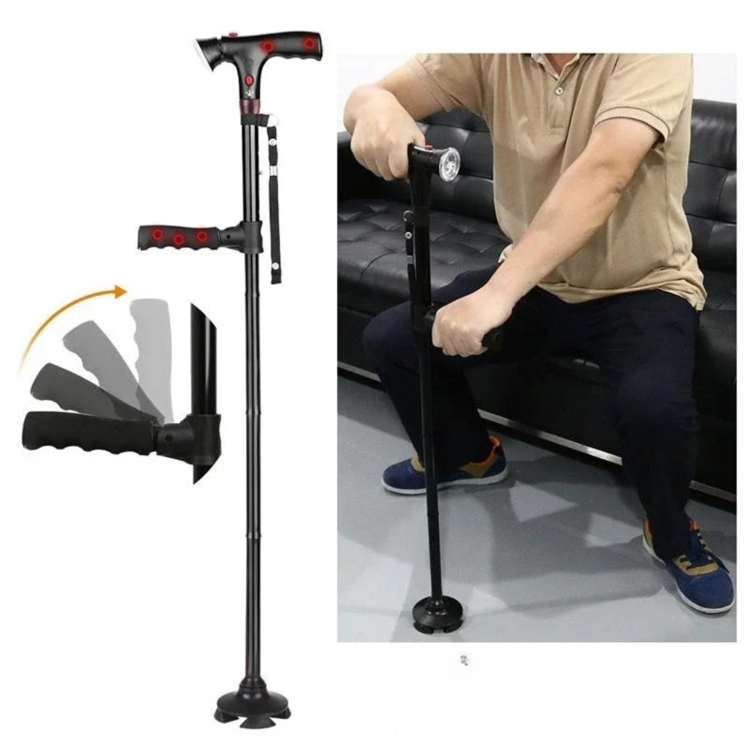 Quad-Base Folding Walking Cane with LED Light & Alarm for Stability, Balance Support & Mobility Aid