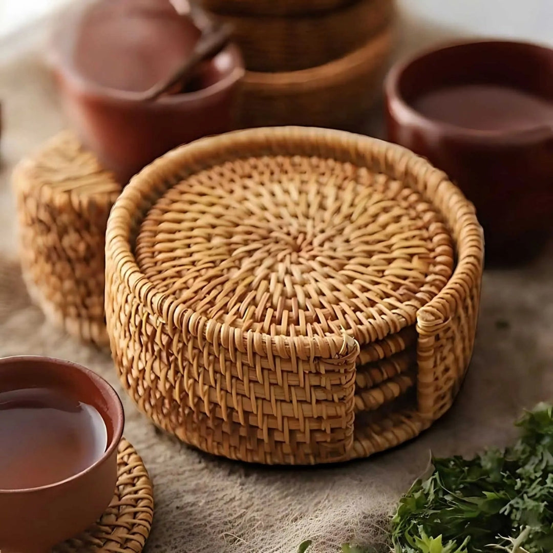Woven Drink Coaster Set with Storage Holder – Natural Bamboo Finish for Hot & Cold Beverages, Coffee Table Protection