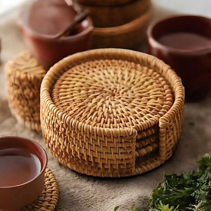 Woven Drink Coaster Set with Storage Holder – Natural Bamboo Finish for Hot & Cold Beverages, Coffee Table Protection