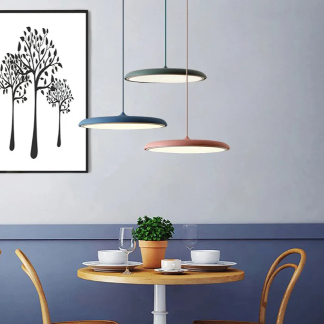 Suspension LED ronde en métal et acrylique – Luminaire suspendu bleu de 40 cm pour salle à manger, îlot de cuisine, chambre – Design minimaliste moderne