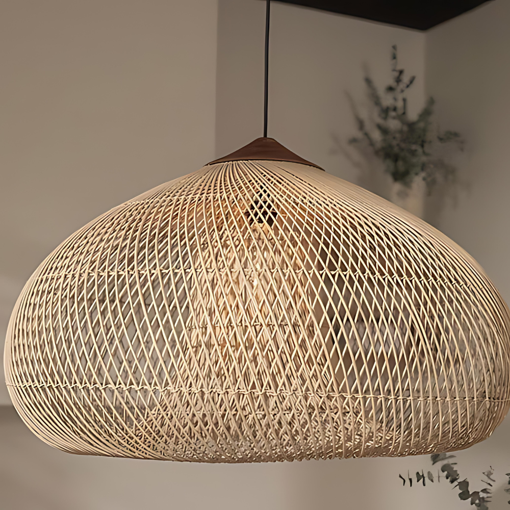 Woven Rattan Ceiling Light Fixture E26 Natural Boho Hanging Lamp for Dining Kitchen Island Bedroom Ambient Lighting Handcrafted Organic Text