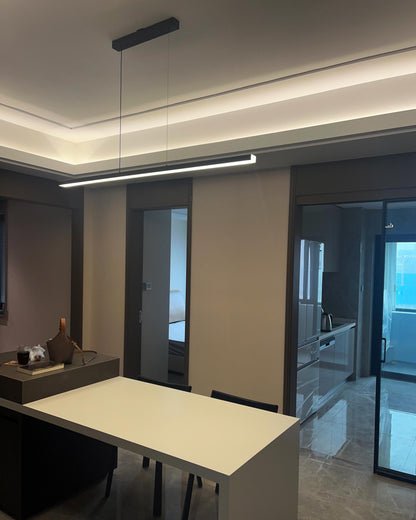 Suspended LED Strip Fixture for Countertop Islands – Dimmable Metal Bar Light with Remote in Matte or Gloss White – 39 to 102 in Adjustable