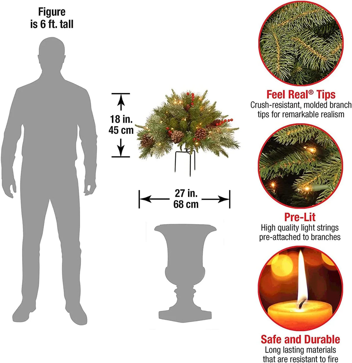 Battery-Powered LED Christmas Urn Filler with Timer – Frosted Pine Tips, Berries & Pinecones for Entryway Display