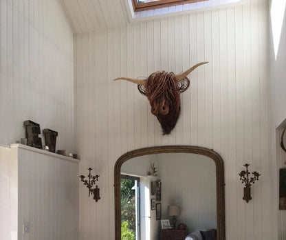 Woven Cattle Head Wall Hanging Natural Fiber 25×21 Inch Statement Piece Farmhouse Boho Decor Textured Animal Sculpture