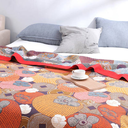 Reversible Cotton Gauze Quilt with Persimmon Pattern - Lightweight Summer Blanket for Bed, Sofa & Travel - Queen, King & Full Sizes