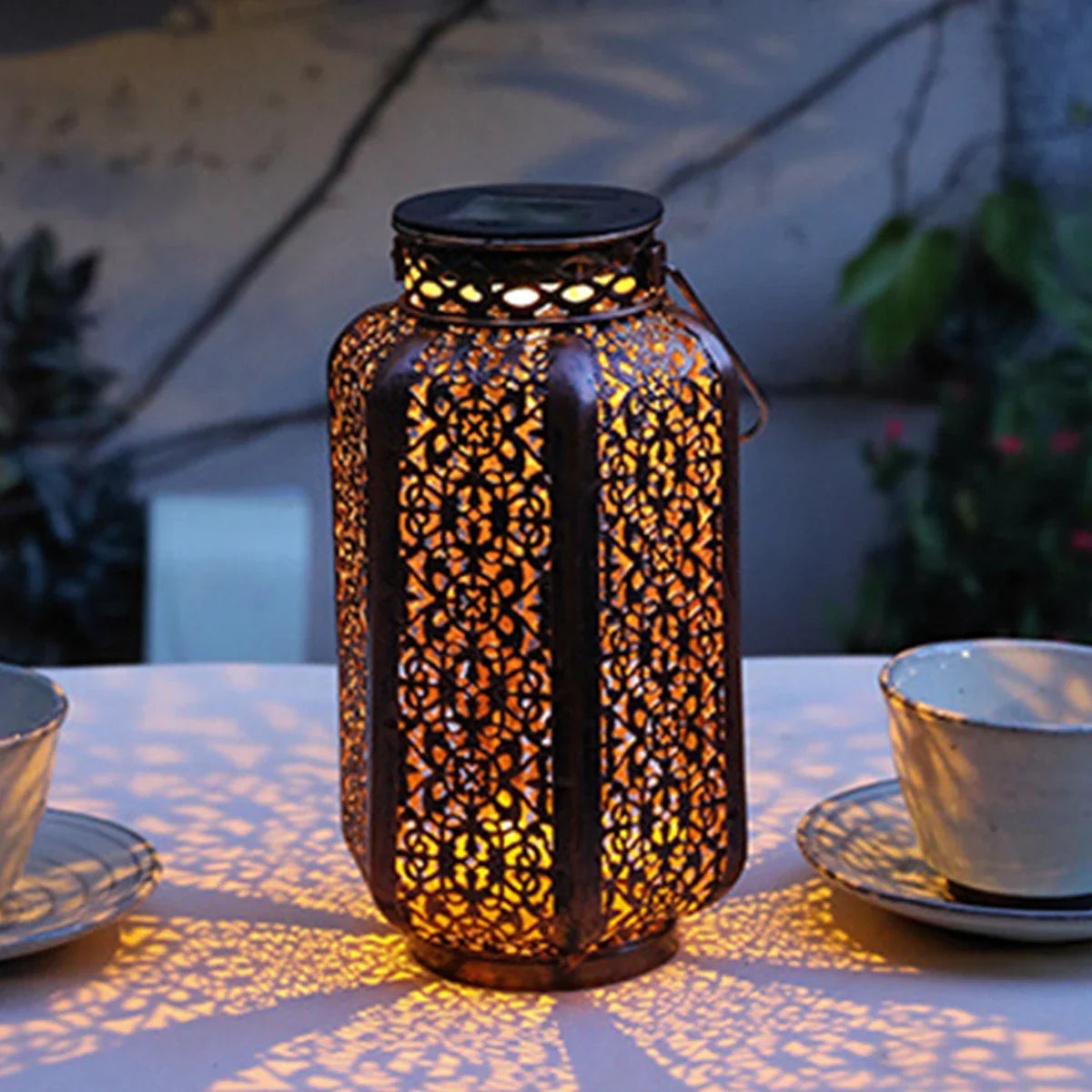 Sun-Charged Metal Garden Lantern with Cutout Moroccan Design for Porch, Deck & Yard Lighting