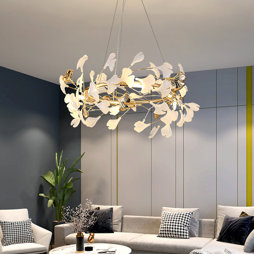Ceramic Leaf Cluster Pendant Light with Adjustable Cord – Gold Metal Frame Multi-Bulb Chandelier for Dining Room, Living Room & Bedroom