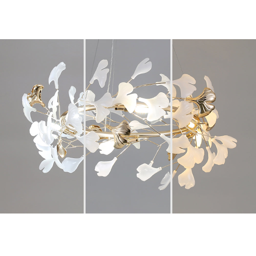 Ceramic Leaf Cluster Pendant Light with Adjustable Cord – Gold Metal Frame Multi-Bulb Chandelier for Dining Room, Living Room & Bedroom