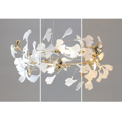 Ceramic Leaf Cluster Pendant Light with Adjustable Cord – Gold Metal Frame Multi-Bulb Chandelier for Dining Room, Living Room & Bedroom