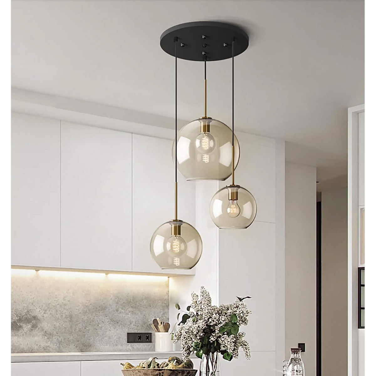 Triple Globe Hanging Fixture Amber Glass Shades Copper Hardware for Dining Table Kitchen Island Ceiling Mount E26 Socket 110V US