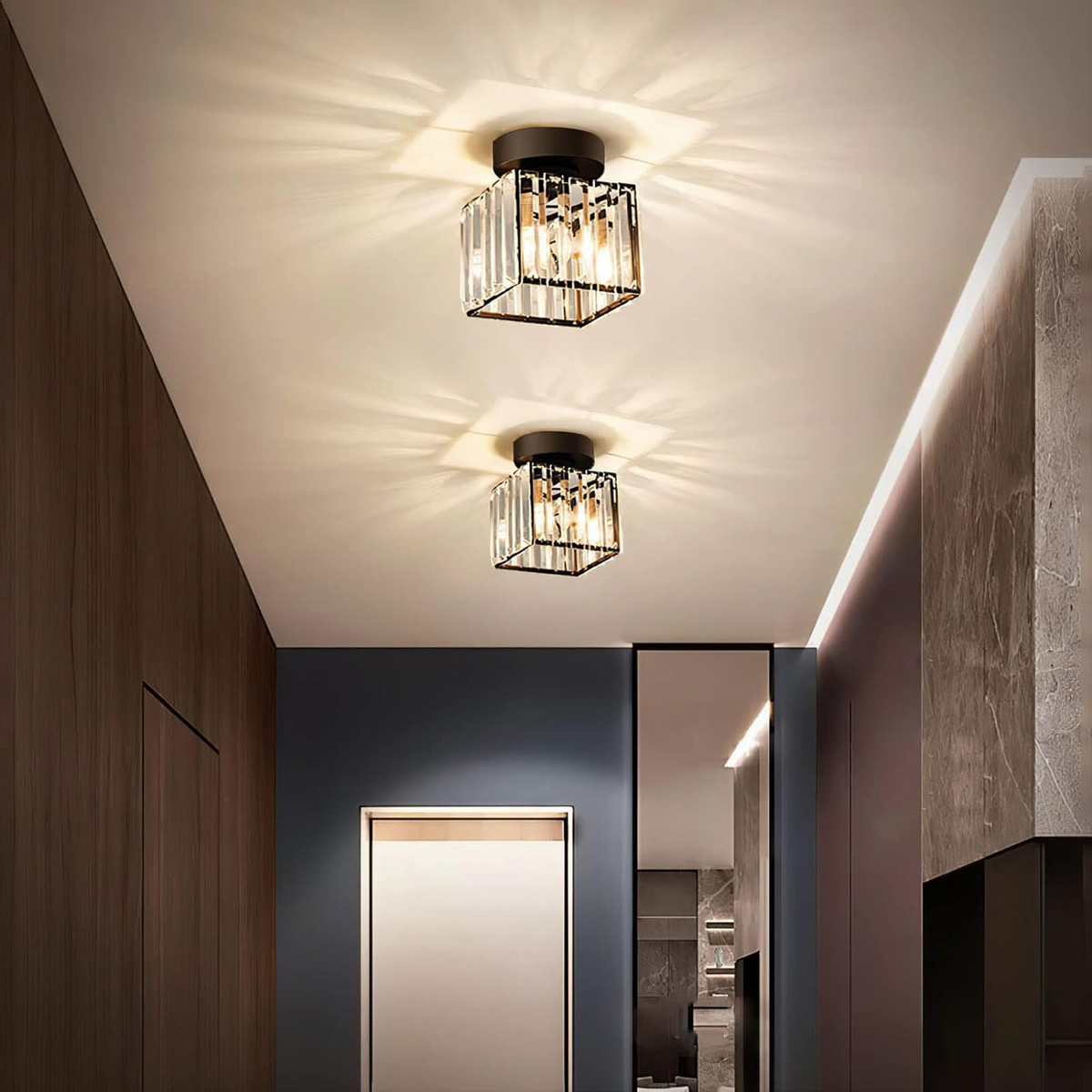 Cube Crystal Flush Mount Ceiling Light with Brass Frame 10 Inch for Bedroom Hallway Entryway Living Room Office Modern Home Lighting Fixture