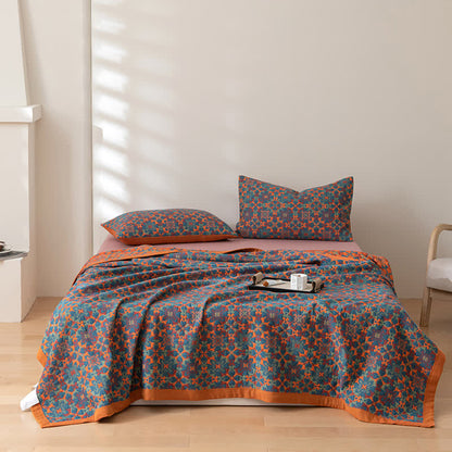 Six-Layer Cotton Quilt Reversible Lightweight Blanket Orange Blue Geometric Pattern for Year-Round Comfort Bedroom Guest Room