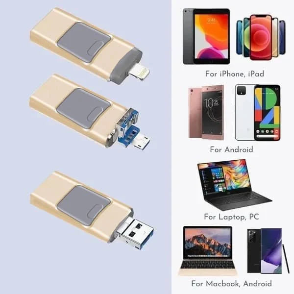 Clé USB multi-appareil à 4 types de connecteurs – USB-A, USB-C, Micro-USB et port Lightning pour le transfert de fichiers entre iPhone, Android et ordinateur
