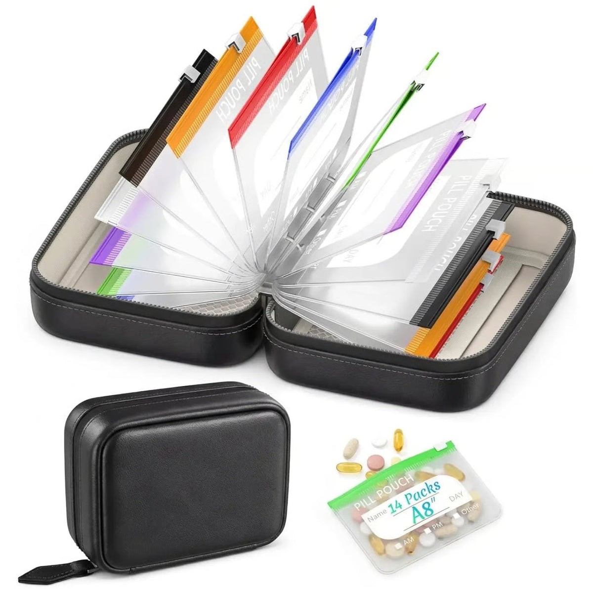 Weekly Pill Organizer Case with 14 Labeled Pouches & Zipper for Travel