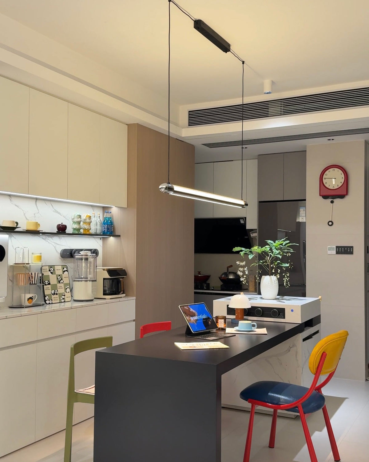 Linear LED Chandelier 35 Inch Dimmable Remote Control Black Metal Island Light for Kitchen Dining Room Adjustable Cord Modern Hanging Fixtur
