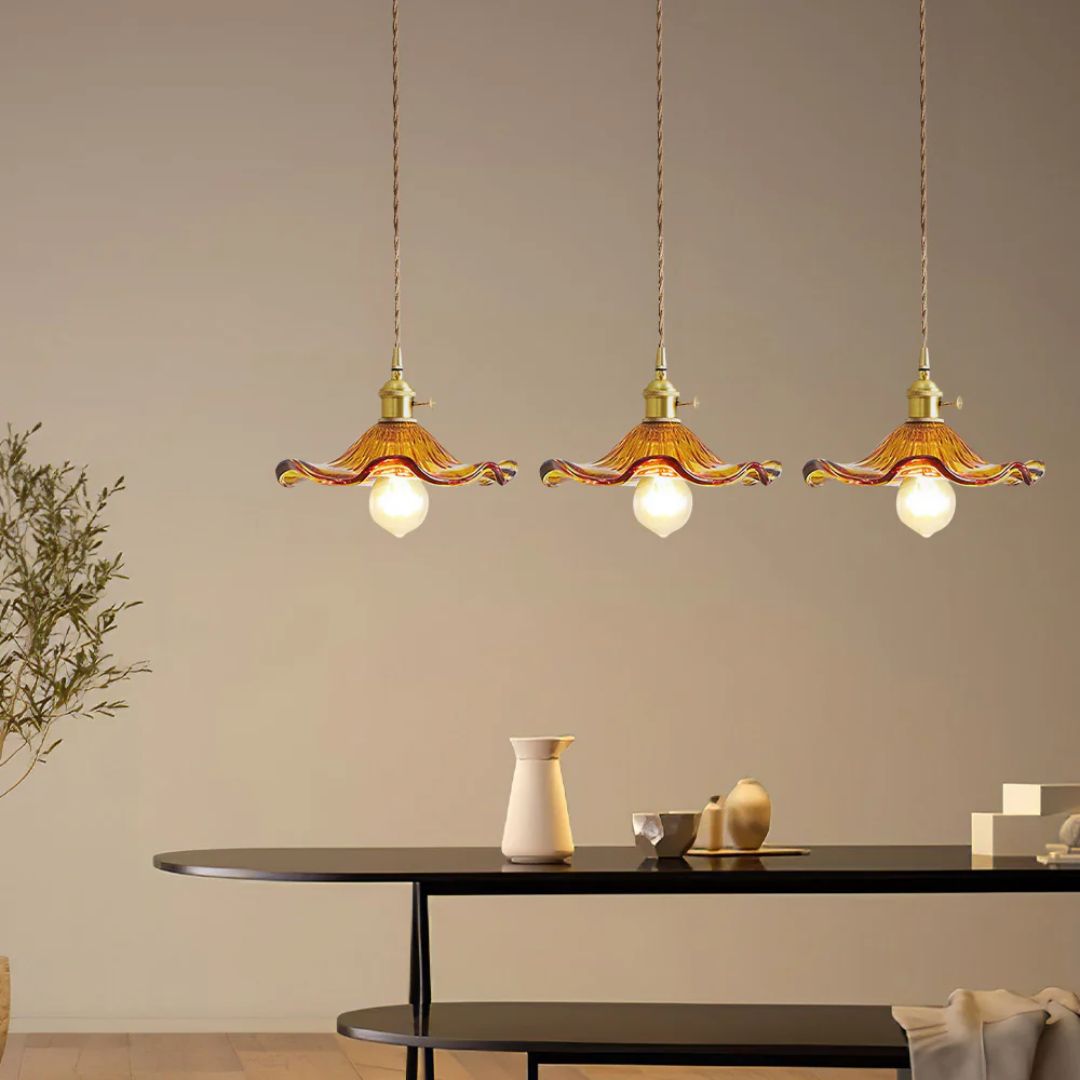 Glass Ceiling Light with Sculptural Ripple Edge – 9 in Hanging Fixture with Metal Hardware for Kitchen, Dining Area, or Bedroom – Adjustable