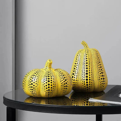 Yellow Resin Figurines Tabletop Accents Set Contemporary Shelf Decor Owl Pear Pumpkin Bird Sculptures 8 Inch Statement Pieces for Coffee Tab
