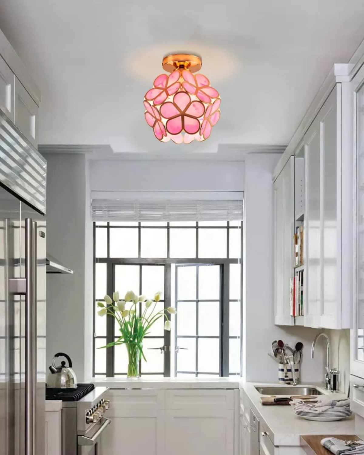 Floral Flush Mount LED Light Fixture 8-Inch Gold Accent Acrylic Ceiling Lamp for Bedroom Hallway Entryway Small Rooms Modern Classic Decor I