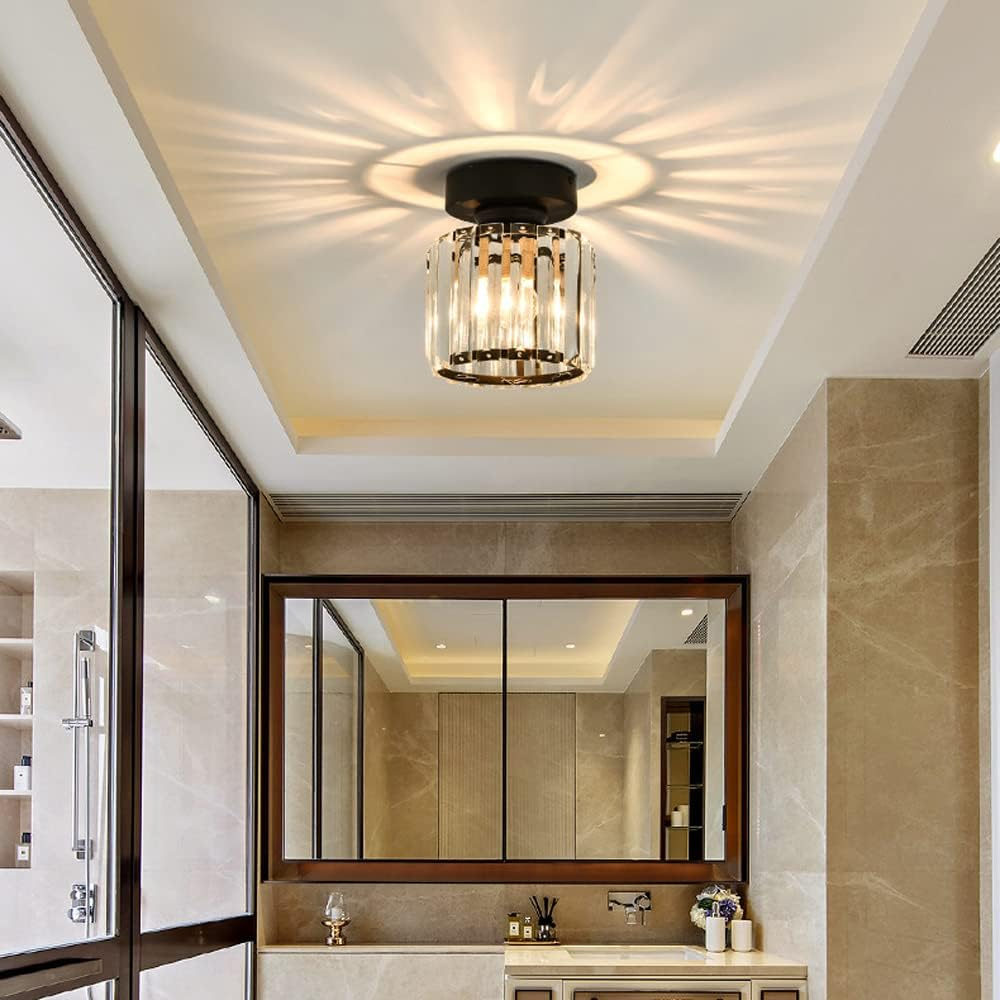 Decorative Flush Mount Light Fixture with Glass Cube and Metal Accents E27 Socket for Entryway Bedroom Small Room Ambient Overhead Lighting